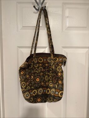 Brown Floral Quilted Shoulder Tote Bag